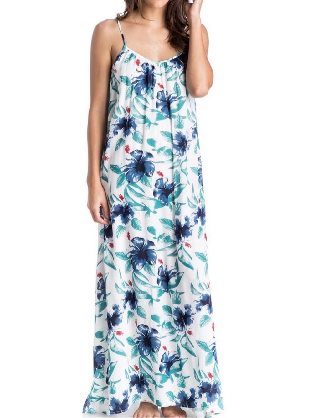 Roxy Floral Maxi Sundress in White with Blue & Teal Print